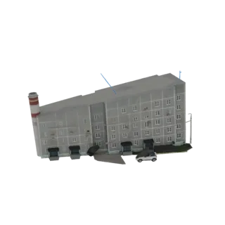 3D модель серого многоэтажного советского дома с красно-белой полосатой трубой слева.