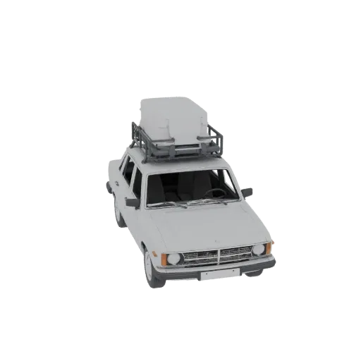3D модель серого автомобиля Волга ГАЗ-31 с багажником на крыше, вид спереди сверху