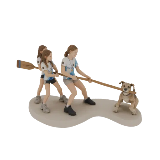 3D модель трех девочек, играющих в перетягивание каната с собакой на песчаной основе.