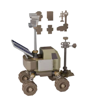 Низкополигональная 3D-модель сборщика образцов "Prospector", вид в игровом окне с трех четвертей, показывающий пыльные колеса
