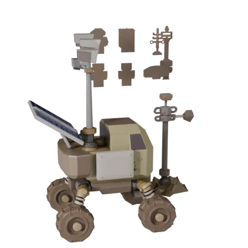 Низкополигональная 3D-модель сборщика образцов "Prospector", вид в игровом окне с трех четвертей, показывающий пыльные колеса