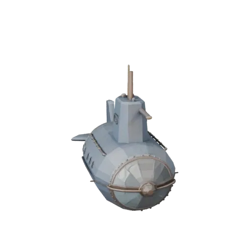 Низкополигональная 3D модель винтажной подводной лодки, вид в игровом окне в три четверти, низкополигональный ассет транспорт