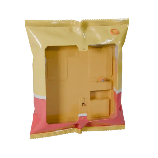 Печатаемая 3D модель пакета чипсов, изометрический STL-рендер, показывающий картон, массу упаковки.