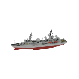 3D модель современного эсминца с управляемыми ракетами, с серым корпусом, красной ватерлинией, заметными радарами и ракетными