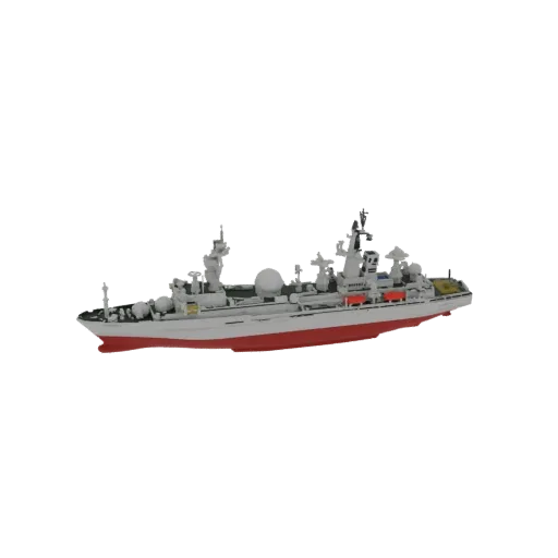 3D модель современного эсминца с управляемыми ракетами, с серым корпусом, красной ватерлинией, заметными радарами и ракетными