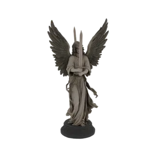 3D модель серой каменной статуи ангельского воина с большими крыльями, держащего два скрещенных меча, стоящего на круглом осн