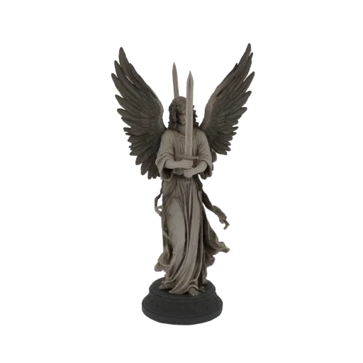 3D модель серой каменной статуи ангельского воина с большими крыльями, держащего два скрещенных меча, стоящего на круглом осн