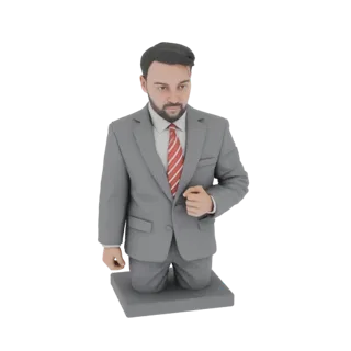 3D модель коленопреклоненного бизнесмена в сером костюме и красном полосатом галстуке на белом фоне.