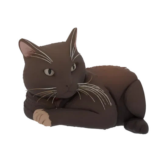 3D модель коричневой кошки лежащей с белыми усами и красным ошейником, смотрящей в сторону.