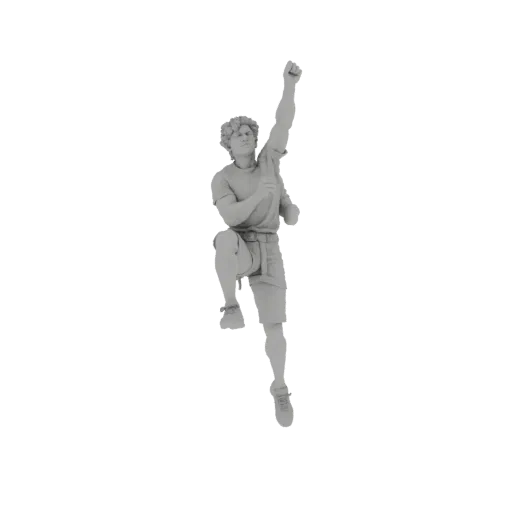 3D-модель мужчины-скалолаза в динамичной позе, тянется вверх одной рукой и с согнутой ногой, на белом фоне.