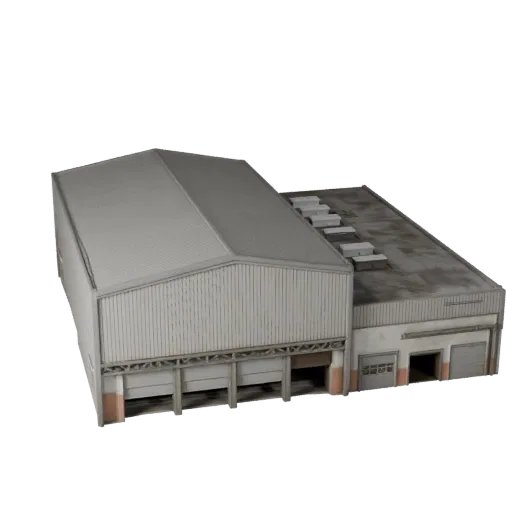Реалистичная 3D модель здания пивоварни, вид с трех четвертей снаружи, показывающий материалы промышленного здания и архитект