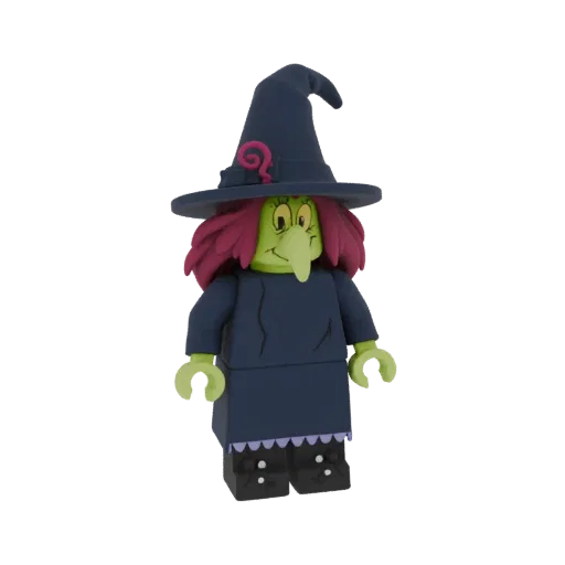 3D-рендер мультяшной фигурки ведьмы в стиле Lego с зеленым лицом, фиолетовыми волосами и темно-синей шляпой ведьмы.