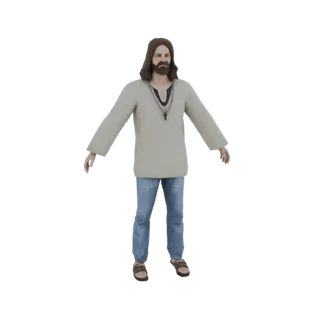 3D модель Иисуса Христа, стоящего с раскинутыми руками, в тунике, джинсах и с крестиком на шее.