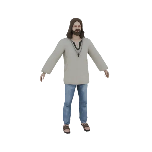 3D модель Иисуса Христа, стоящего с раскинутыми руками, в тунике, джинсах и с крестиком на шее.