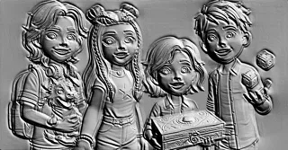3D модель барельефа с изображением четырех детей и собаки, держащей щенка, с сундуком и игральными костями.