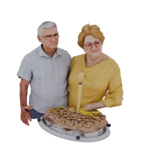 3D модель пожилой пары, мужчины и женщины, улыбающихся рядом с украшенным тортом со свечой.
