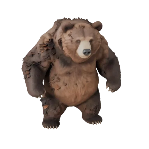3D модель Бурого медведя, вид сбоку игровой камеры, готовый для Unity ассет животного с объемом плеч, детализацией меха, план