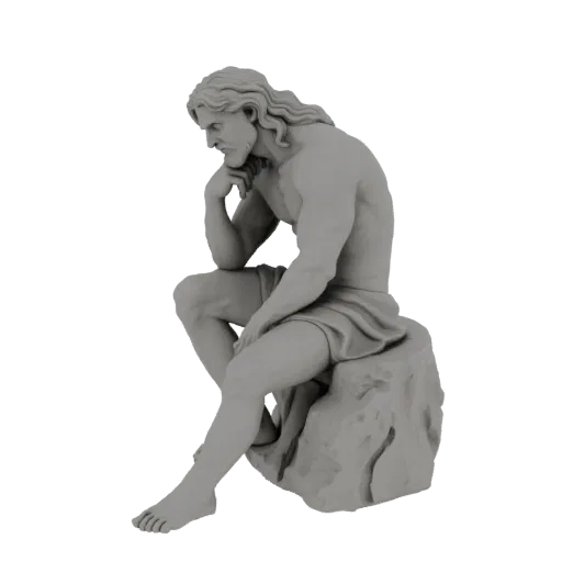 3D модель статуи «Мыслитель», мускулистый мужчина сидит на камне, подперев подбородок рукой, в глубокой задумчивости, рендери