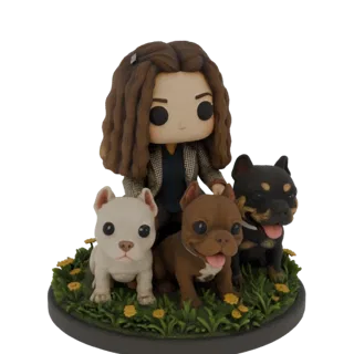 3D модель женщины в стиле Funko Pop с тремя собаками (белый питбуль, коричневый французский бульдог, черно-подпалый метис) на