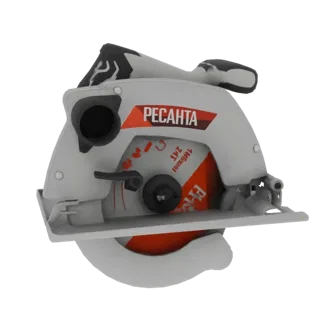 3D модель красно-белой циркулярной пилы RESANTA с видимым диском на черном фоне.