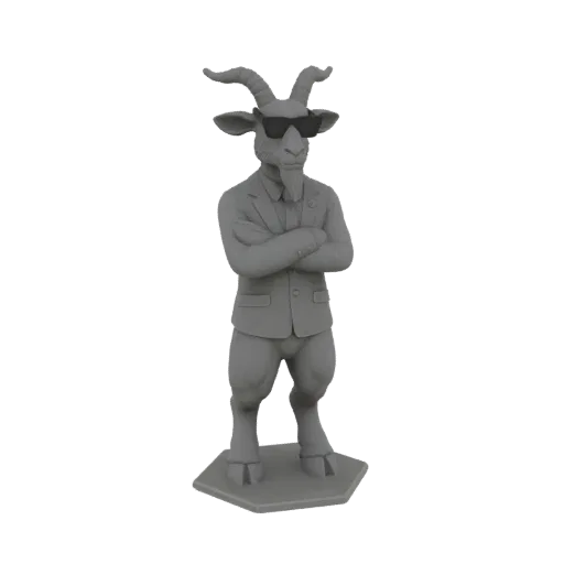 3D модель серого козла в темных очках и костюме, стоящего со скрещенными руками на шестиугольном основании.