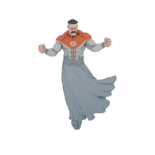 3D модель Омни-Мена в динамичной позе, в культовом серо-оранжевом костюме, с развевающейся серой нижней одеждой.