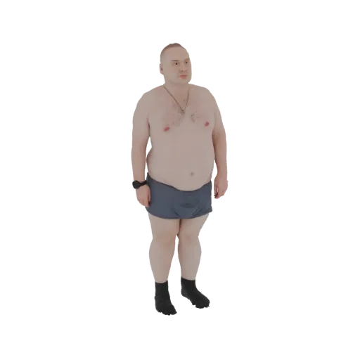 Рендер 3D модели полного мужчины, стоящего в синих плавках, с нейтральным выражением лица.