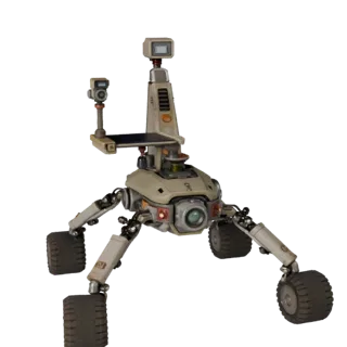 3D-модель разведывательного дрона "Prospector", вид спереди три четверти, вьюпорт Unity, показывающий пыльные колеса, положен