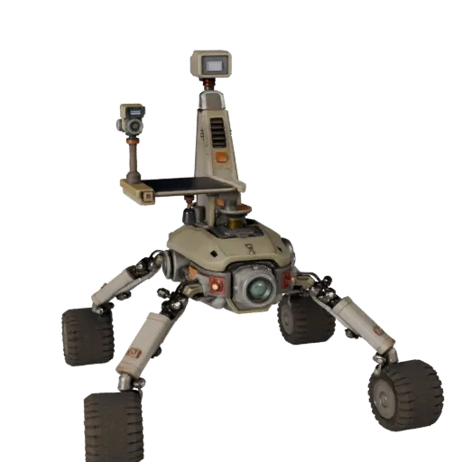 3D-модель разведывательного дрона "Prospector", вид спереди три четверти, вьюпорт Unity, показывающий пыльные колеса, положен