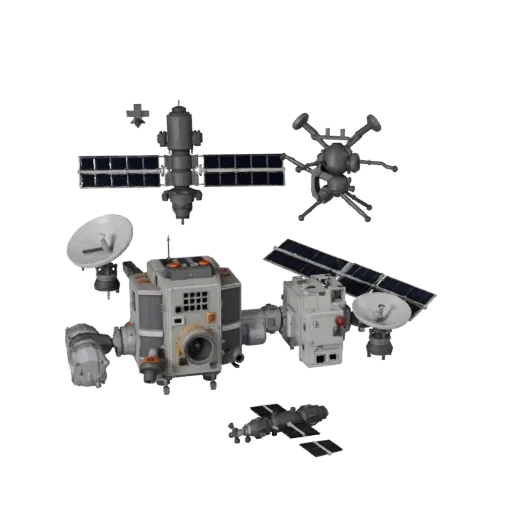 Стилизованная 3D-модель исследовательской ретрансляционной станции, стилизованный изометрический рендер, показывающий солнечн