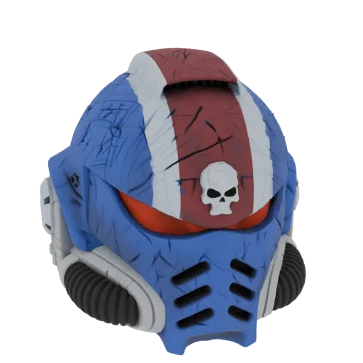 3D модель шлема Космодесантника Warhammer 40,000 в сине-бело-красной раскраске с черепом.
