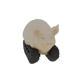 3D модель светлоокрашенной свиньи с улыбающимся лицом, на черных танковых гусеницах, на белом фоне.
