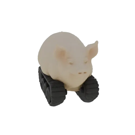 3D модель светлоокрашенной свиньи с улыбающимся лицом, на черных танковых гусеницах, на белом фоне.