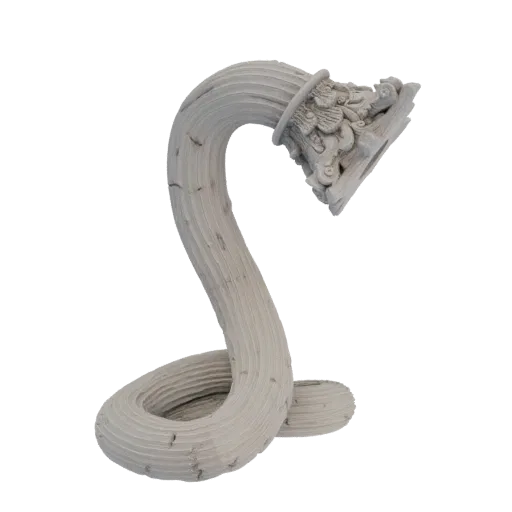 3D модель скрученной, текстурированной скульптуры лозы с изящными цветочными деталями наверху, на белом фоне.
