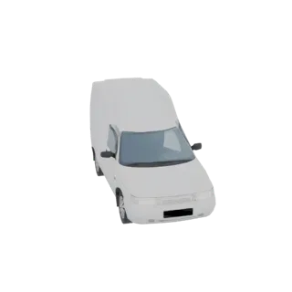 3D-рендер белого фургона, вид под небольшим углом сверху, на черном фоне.