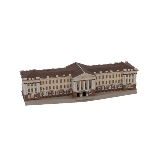 3D модель классического университетского здания с центральным портиком, колоннами и симметричными крыльями на черном фоне.