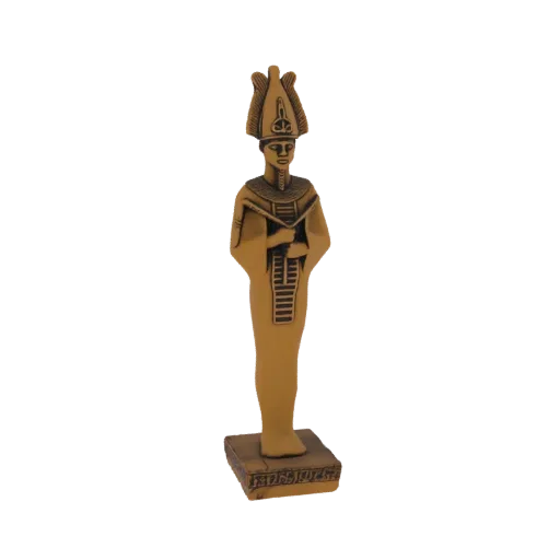 3D модель древнеегипетского фараона с головным убором немес и основанием с иероглифами, в металлическом золотом цвете.