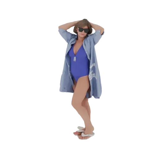 3D модель женщины в синем купальнике и расстегнутой синей рубашке, позирующей с руками за головой.