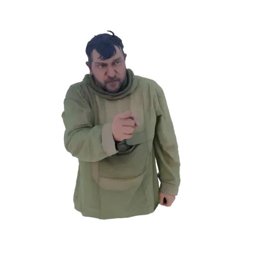 3D модель злого мужчины с темными волосами, в зеленой куртке с капюшоном, агрессивно указывающего пальцем вперед.