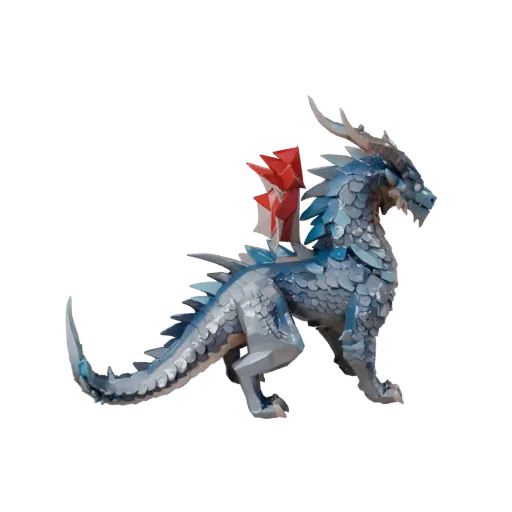 Низкополигональная 3D-модель дракона из кристаллов, вид сбоку в игровом ракурсе, низкополигональный ассет животного с рогами,