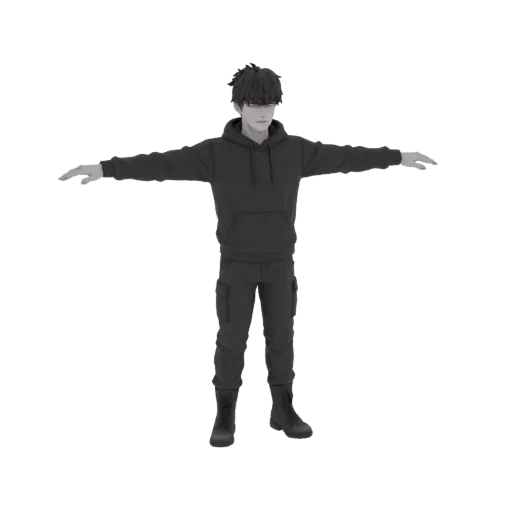 3D модель аниме парня с темными волосами, в темном худи и карго штанах, стоящего в T-позе на черном фоне.