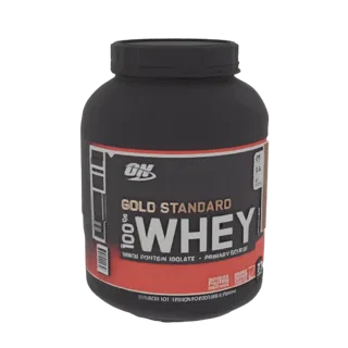 3D модель банки Optimum Nutrition Gold Standard 100% Whey Protein с черно-красным дизайном.