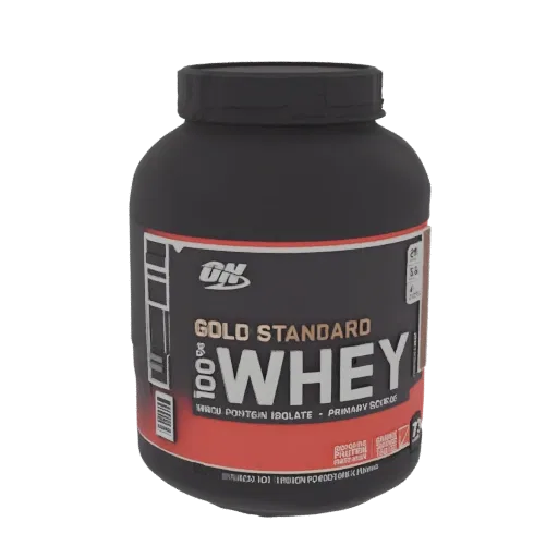 3D модель банки Optimum Nutrition Gold Standard 100% Whey Protein с черно-красным дизайном.