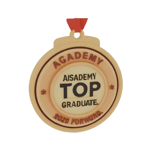 3D модель золотой медали с красной лентой и надписью "Выпускник Academy Top 2026"