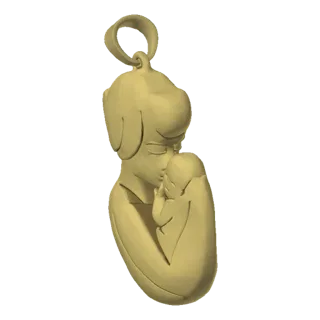 3D модель матери, нежно обнимающей ребенка, в виде кулона с петлей сверху.