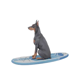 3D модель добермана, сидящего на сине-белом серфборде, смотрит влево.