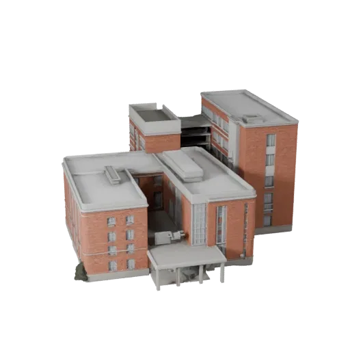 Печатная 3D модель здания школы STL, изометрический вид, показывающий материалы общедоступного здания и архитектурные детали