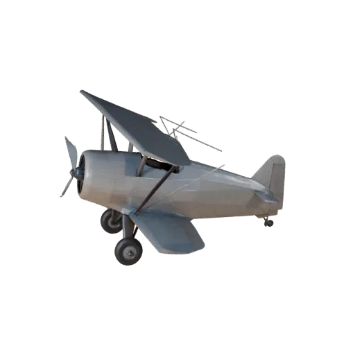 Низкополигональная 3D-модель винтажного биплана, вид из игрового окна в три четверти, низкополигональный ассет транспортного