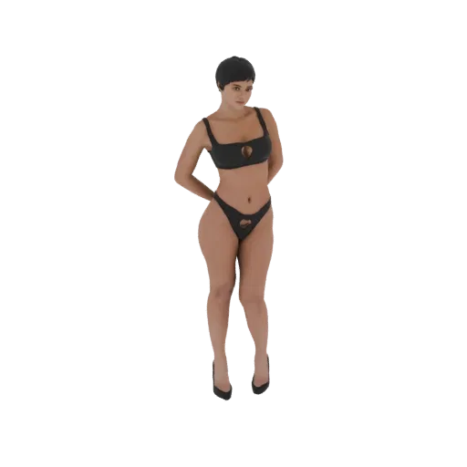 3D-модель женщины с короткими темными волосами от ИИ в черном бикини и туфлях на каблуках, позирующая с руками за спиной.