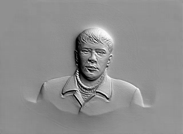 3D модель барельефа молодого человека в пальто, выполненная в виде скульптуры.